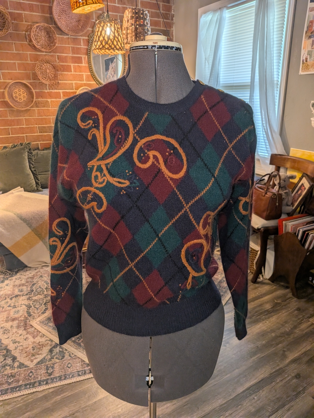 Vintage Women's Argyle Rabbit Hair/Lambswool Sweater in Navy, Green & Burgundy